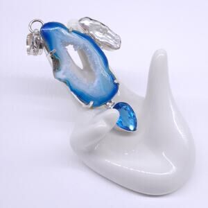 Blue Geode Agate and Pearl Accent Pendant